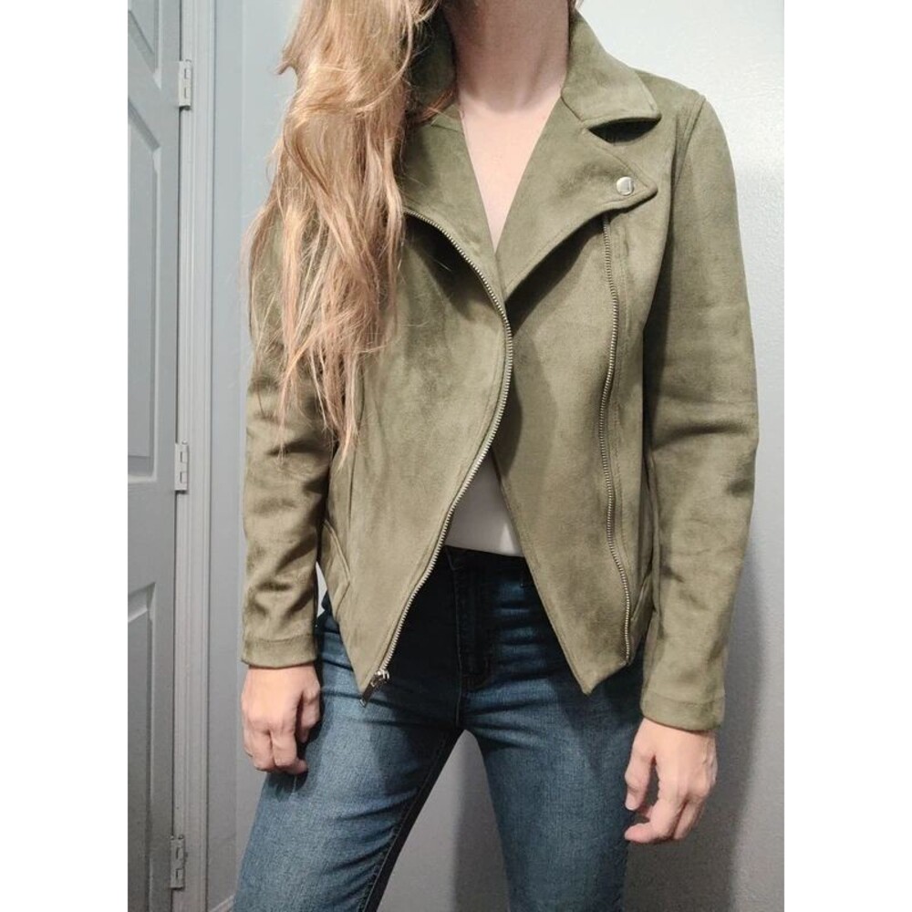 Old navy women's olive green khaki suede moto biker racer jacket size S new